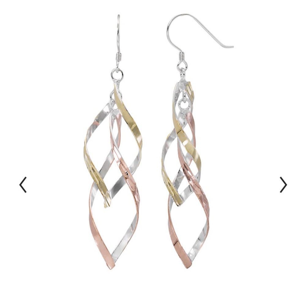 Tri tone sterling silver twist drop earrings